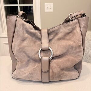 Michael Kors Taupe Suede and Leather Shoulder Bag with Silver Ring